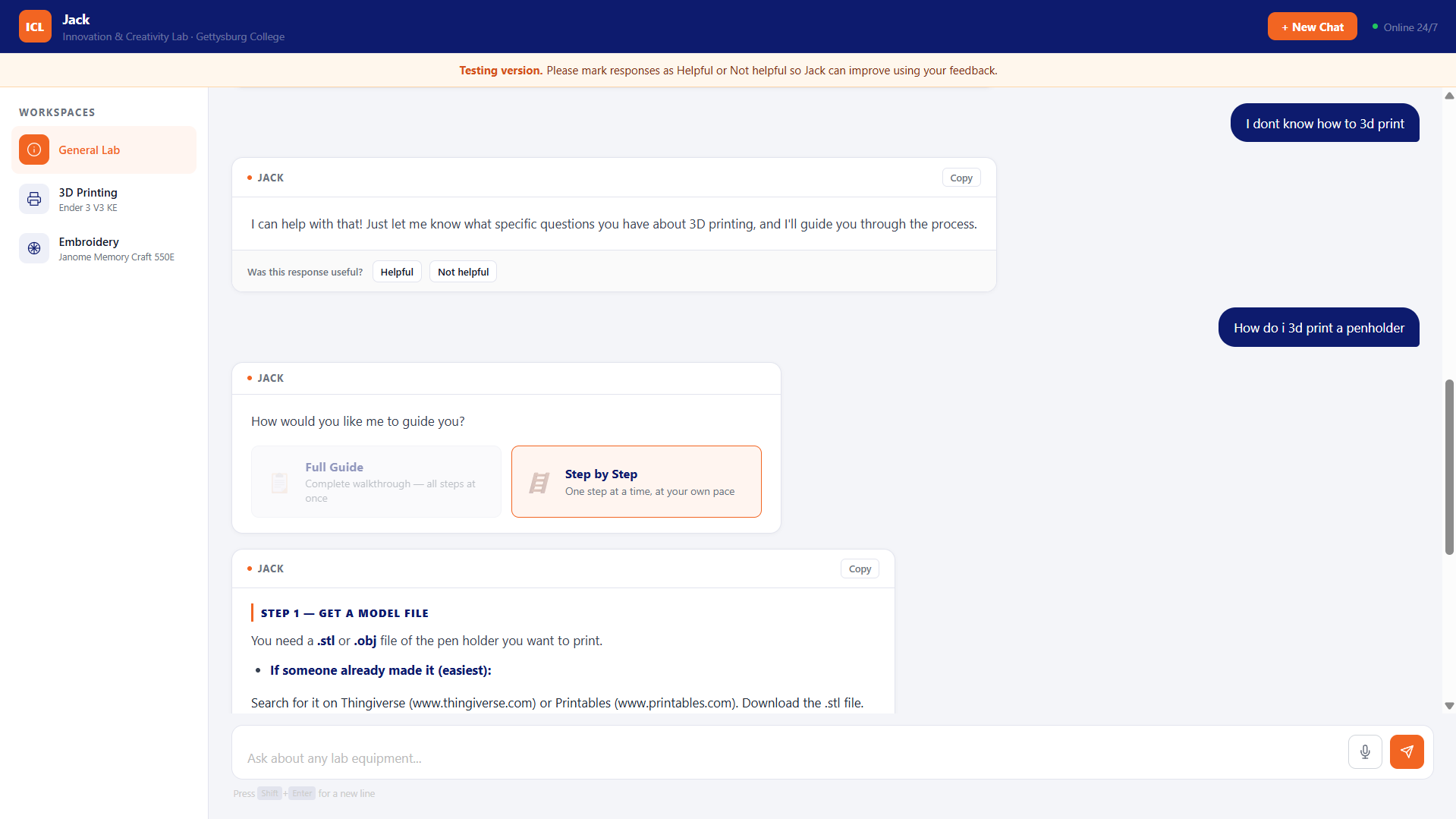 A vague question gets a clarifying reply and a choice of guidance style