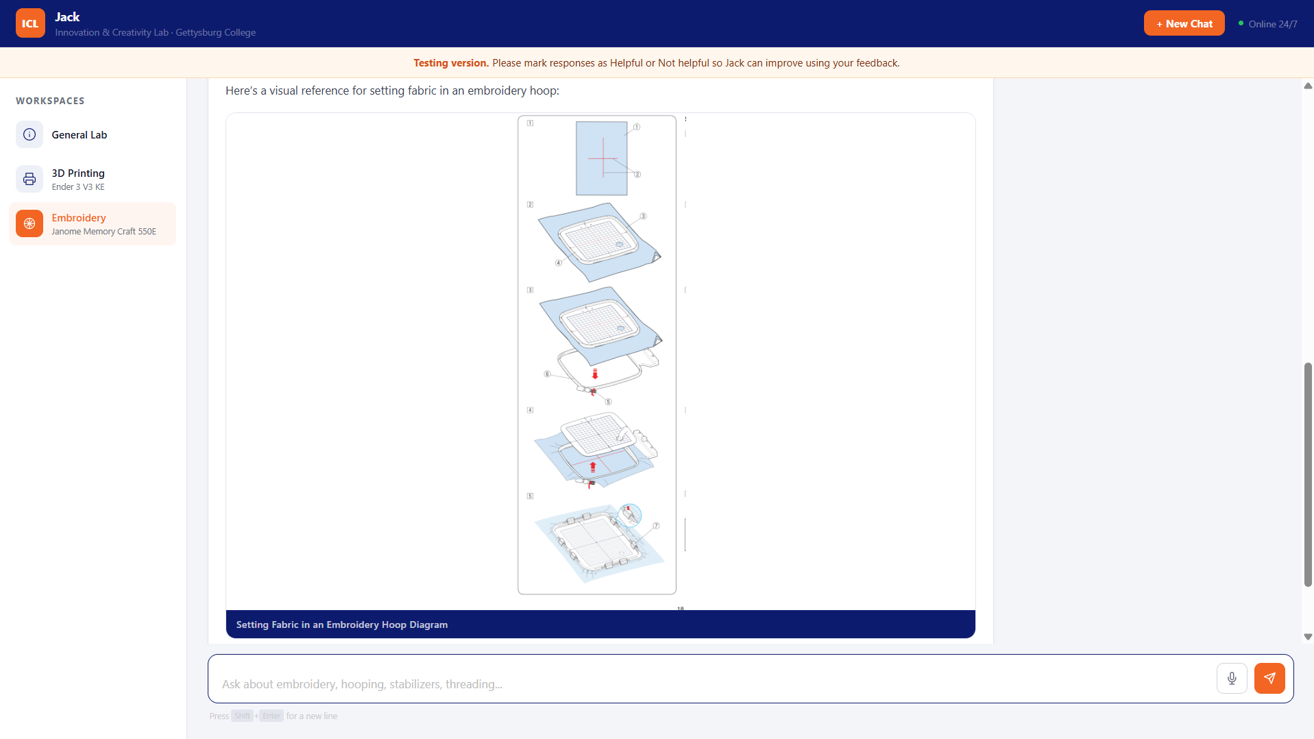 An answer that pulls in the manual's exploded hooping diagram